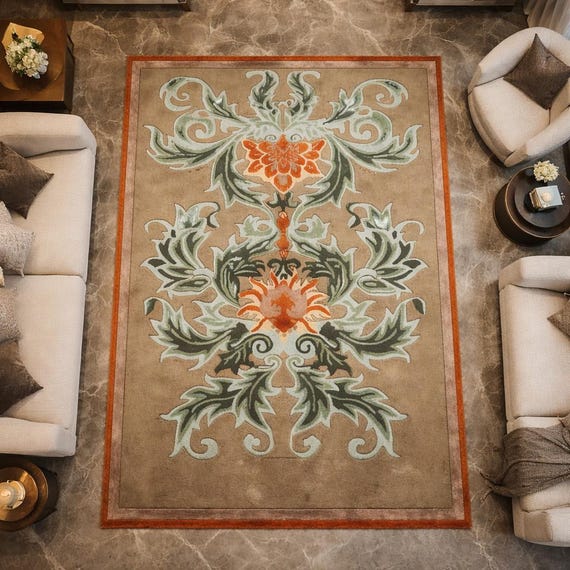 Hand-Tufted Wool Floral Area Rug, Beige Green Orange Living Room Carpet