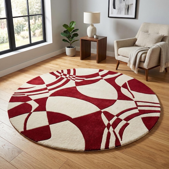 9x9 ft Red Cream Abstract Wool Round Rug, Hand Tufted Geometric Living Room Carpet