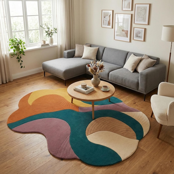Irregular Abstract Wool Rug: Hand-Tufted Modern Area Carpet for Living Room