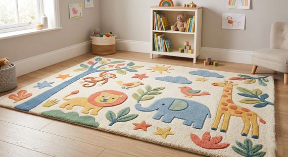 Hand-Tufted Wool Safari Animal Rug for Kids Playroom, Nursery Decor