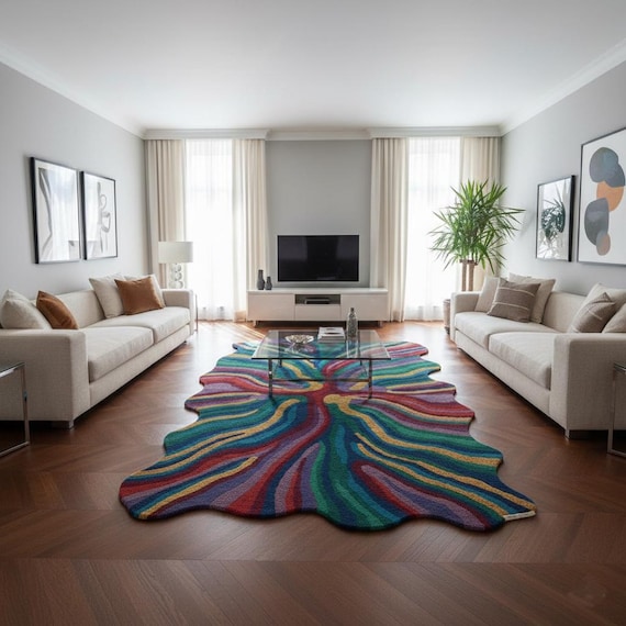 Colorful Abstract Rug, Hand Tufted Wool Rug, Irregular Shape Area Rug, Wavy Rainbow Carpet, Modern Living Room Rug, Contemporary Floor Decor