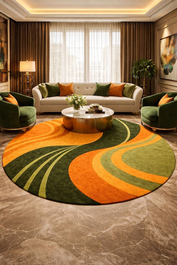 8x8 ft Modern Round Rug Green Orange Wave Pattern Area Rug Contemporary Tufted  Carpet