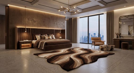 Hand-Tufted Wavy Wool Rug: Abstract Brown Beige Modern Floor Art (Custom Shape)
