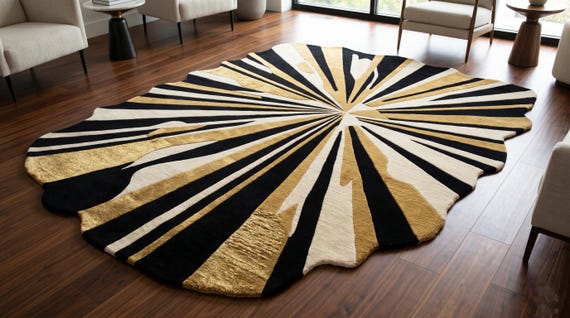 9x12 ft Hand Tufted Wool Sunburst Rug, Black Gold Abstract Irregular Shape Area Rug