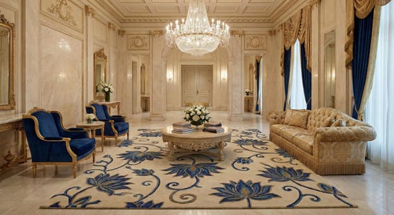 9x12 ft Luxury Blue Floral Area Rug Beige Classic Carpet Vintage Living Room Rug