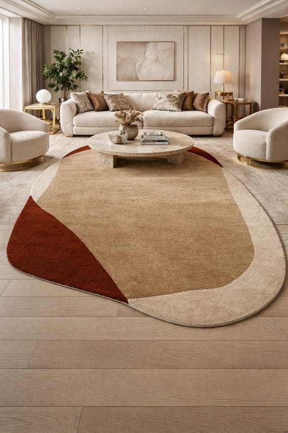 8x10 ft Neutral Abstract Irregular Area Rug: Beige Rust Modern Boho Plush Carpet