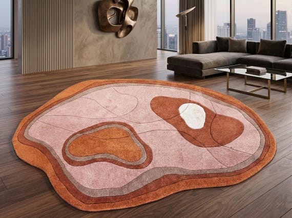 9x12 ft Organic Abstract Area Rug Terracotta Peach Rust Tufted Carpet Modern Statement Rug