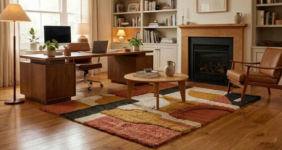 Hand Tufted Wool Area Rug – Mid Century Modern Geometric Abstract Design