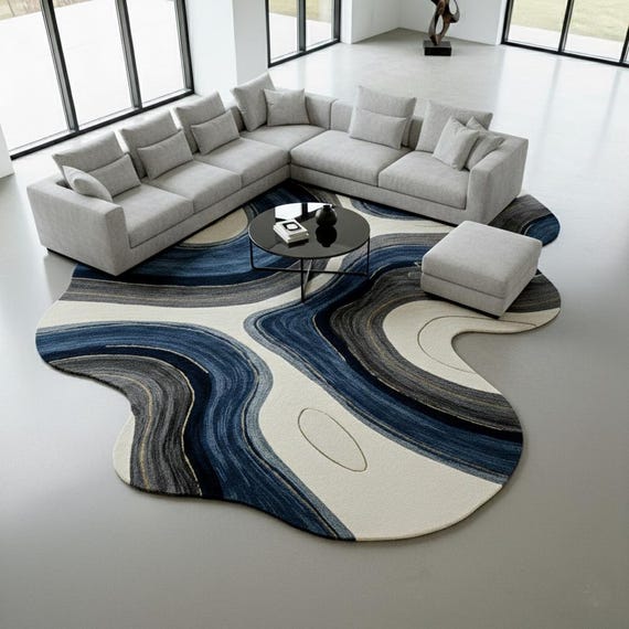 Hand-Tufted Wool Rug: Abstract Blue Wave Design, Irregular Shape