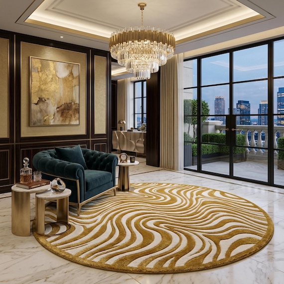 9x12 ft Hand-Tufted Wool Abstract Gold White Round Rug, Modern Living Room Carpet