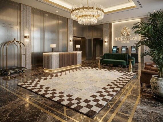 9x12 ft Neutral Checkered Rug, Beige Brown Checkerboard Carpet, Soft Tufted Scandinavian Floor Decor