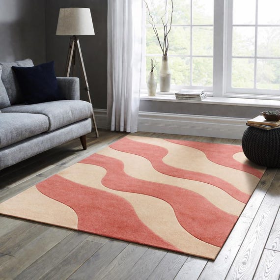 Hand Tufted Wool Rug, Abstract Wavy Pink Beige Area Carpet, Plush Living Room Decor