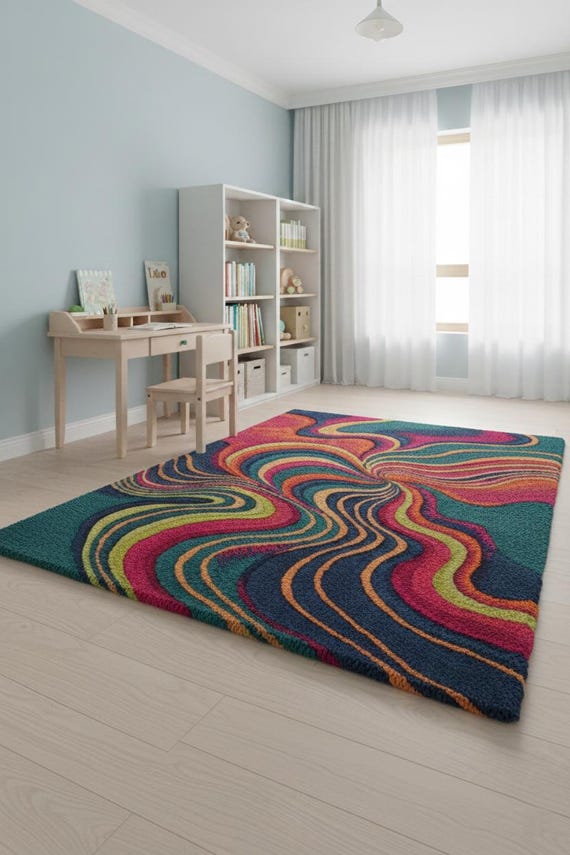 Hand Tufted Wool Rug: Colorful Abstract Swirl Area Carpet for Kids Room