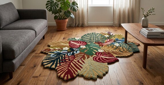 5x8 ft rug Tropical Leaf Shaped Rug: Botanical Tufted Monstera Floral Carpet