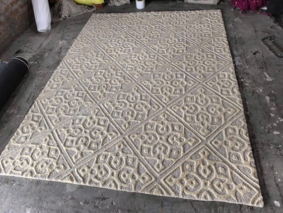Textured Geometric Area Rug, Modern Neutral Family Room Carpet