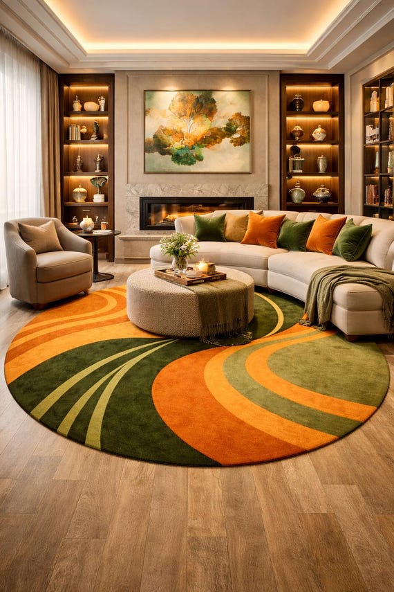 Hand Tufted Wool Round Rug, Abstract Green Orange Carpet, Contemporary Living Room Artistic Rug