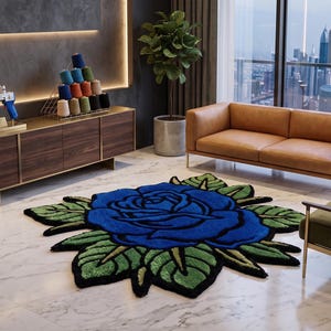 Dywan wełniany z kępkami Blue Rose, dywan artystyczny w kształcie kwiatów