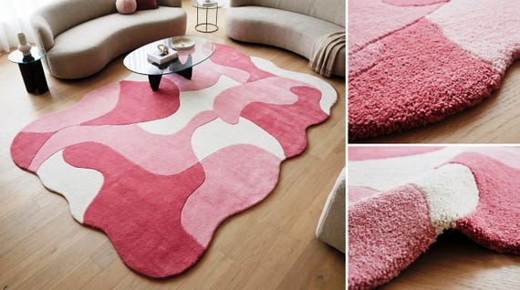 Hand Tufted Pink Abstract Irregular Wool Rug, Modern Organic Shape Carpet