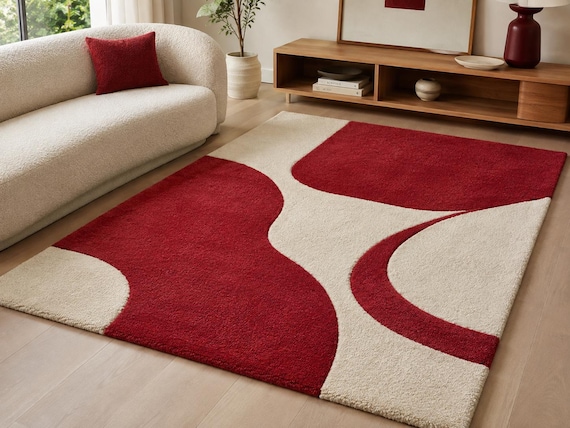 Red Cream Abstract Area Rug: Modern Geometric Wave Design (9x12)