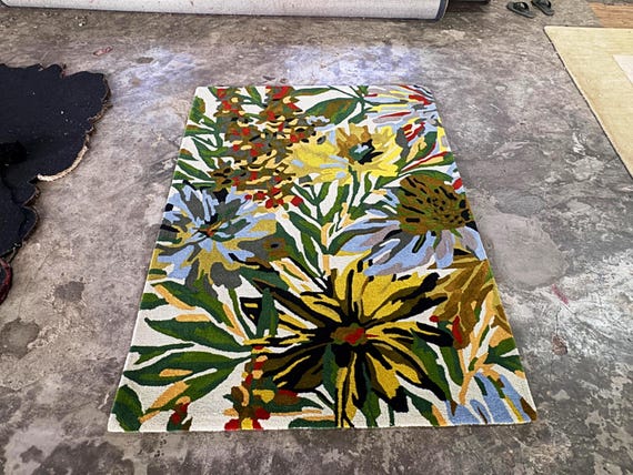 Hand Tufted Wool Rug: Colorful Botanical Floral Area Carpet, Modern Living Room Design