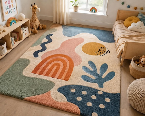 Hand-Tufted Boho Rainbow Nursery Rug: Abstract Geometric Wool Playroom Carpet