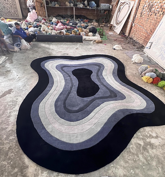 Abstract Irregular Wool Rug, Hand Tufted Organic Shape Carpet, Modern Blue Designer Area Rug