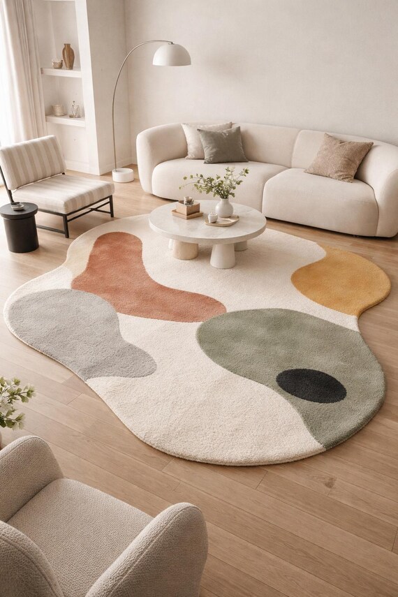 9x12ft 5x8ft Organic Shape Color Block Area Rug Abstract Tufted Carpet Terracotta Green Mustard