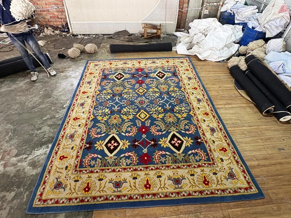 Hand Tufted Wool Rug, Persian Floral Oriental Area Carpet, Luxury Blue Living Room