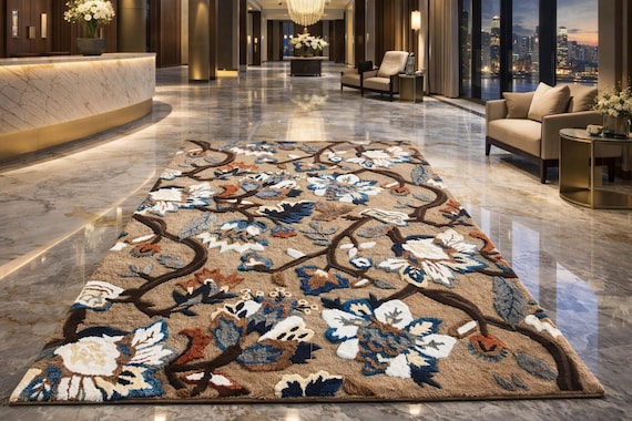 9x12 ft Floral Area Rug: Vintage Botanical Design, Beige Blue Traditional Carpet