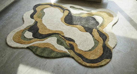 10x14 ft Hand Tufted Wool Rug: Olive, Gold Abstract Sculpted Area Carpet
