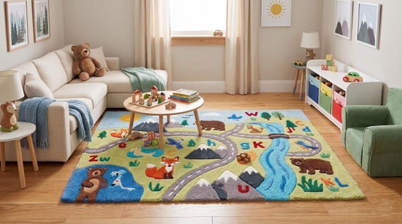 Hand Tufted Wool Kids Rug, Forest Animals Alphabet Learning Carpet