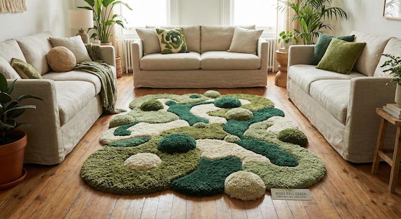 Moss Green Hand Tufted Wool Rug, Irregular Pebble Texture Carpet, Organic Modern Living Room