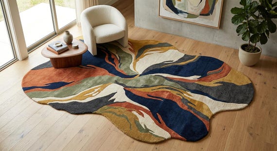 Hand Tufted Irregular Area Rug: Abstract Mid Century Modern Earth Tone Carpet 9x12 ft