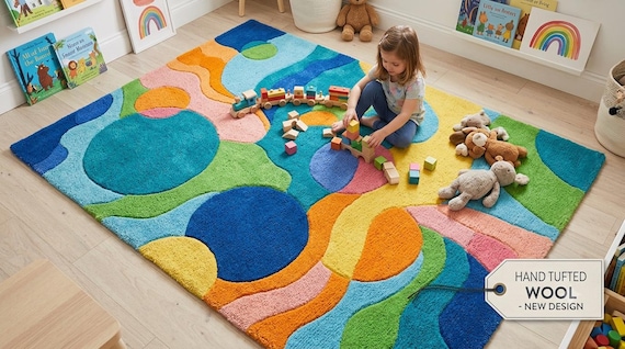 Hand Tufted Wool Rug: Vibrant Abstract Geometric Playroom Carpet