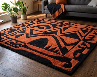 9x12 ft Black Orange Abstract Geometric Wool Rug, Hand Tufted Tribal Living Room Carpet