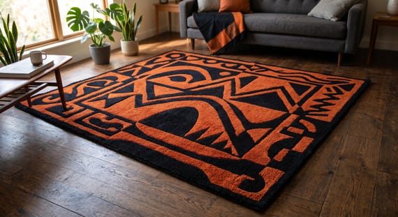 9x12 ft Black Orange Abstract Geometric Wool Rug, Hand Tufted Tribal Living Room Carpet