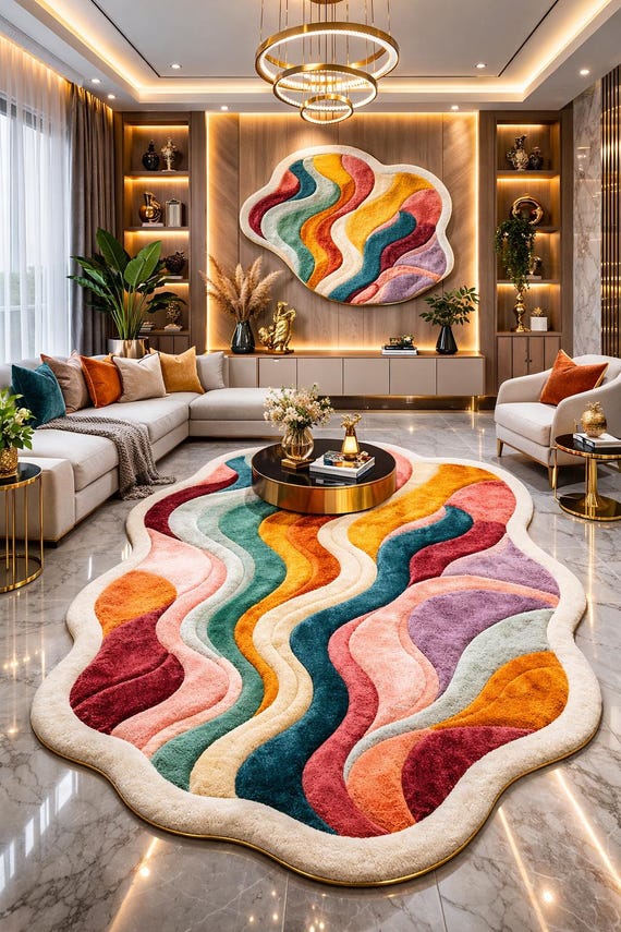 9x12 ft Colorful Abstract Wavy Rug, Irregular Tufted Carpet, Nordic Art Floor Mat