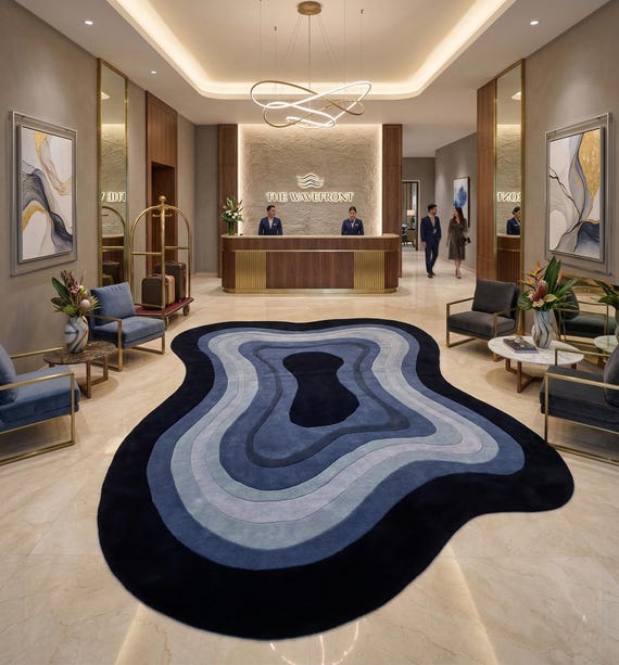 9x12 ft Organic Shape Blue Gradient Area Rug: Modern Wavy Carpet for Living Room