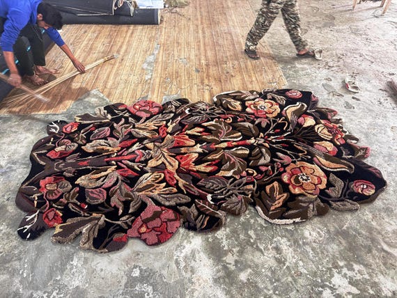 Hand Tufted Wool Floral Rug, Irregular Designer Statement Carpet