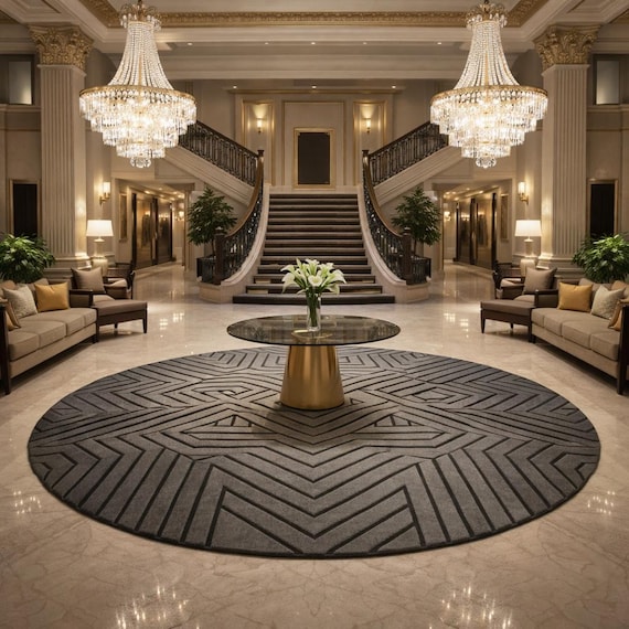 9x9 ft Luxury Round Geometric Rug: Modern Art Deco Carpet, Black Gray Statement Piece