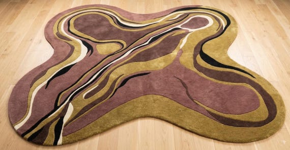 9x12 ft Hand Tufted Wool Rug: Abstract Organic Shape, Pink, Gold, Black, Modern Design