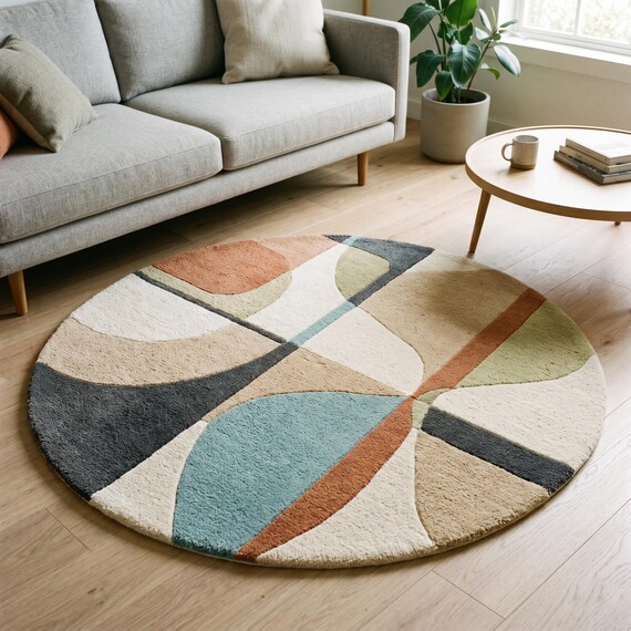 8x8 ft rug Hand-Tufted Wool Round Rug Modern Abstract Geometric Carpet