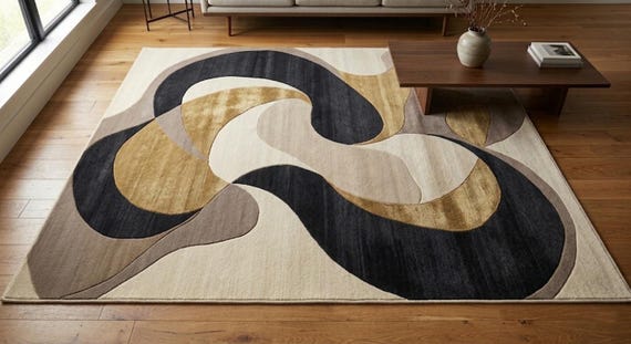 Modern Abstract Wave Area Rug: Hand-Tufted Wool Carpet (9x12 ft) living room rug 8x10