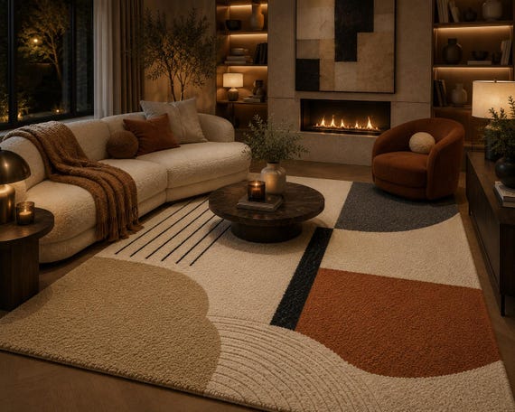 Hand Tufted Wool Area Rug Modern Abstract Geometric Carpet Neutral Beige Cream Luxury Handmade