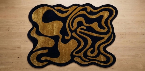 9x12 ft big room Hand Tufted Wool Rug Abstract Black Gold Wavy Organic Carpet