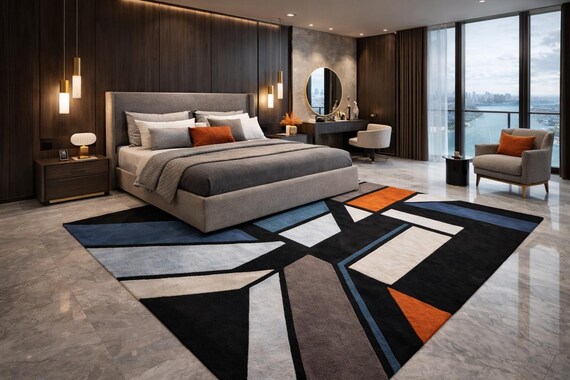 9x12 ft Hand Tufted Wool Area Rug, Modern Abstract Geometric Black Blue Orange Carpet