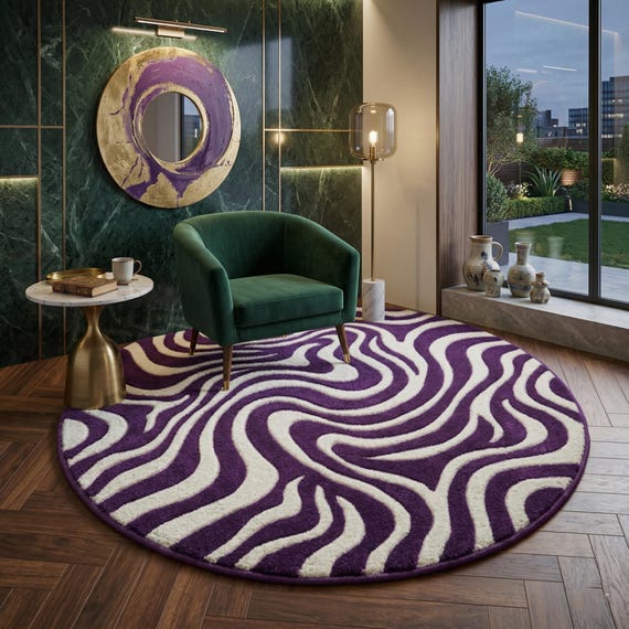 9x9 ft Purple Abstract Swirl Hand Tufted Wool Round Rug, Modern Luxury Area Carpet