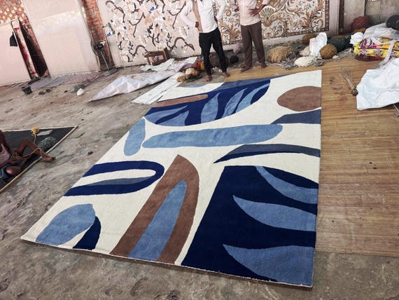 Abstract Blue Hand Tufted Wool Rug, Modern Geometric Luxury Carpet