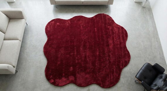 8x10ft 9x12ft Deep Red Organic Shape Plush Area Rug Modern Wavy Edge Shag Carpet