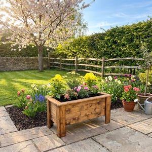 May include: A rectangular wooden planter box with a natural stained finish, featuring four sturdy legs and horizontal plank construction. The planter is filled with dark soil and a variety of vibrant yellow, pink, and green flowering plants.